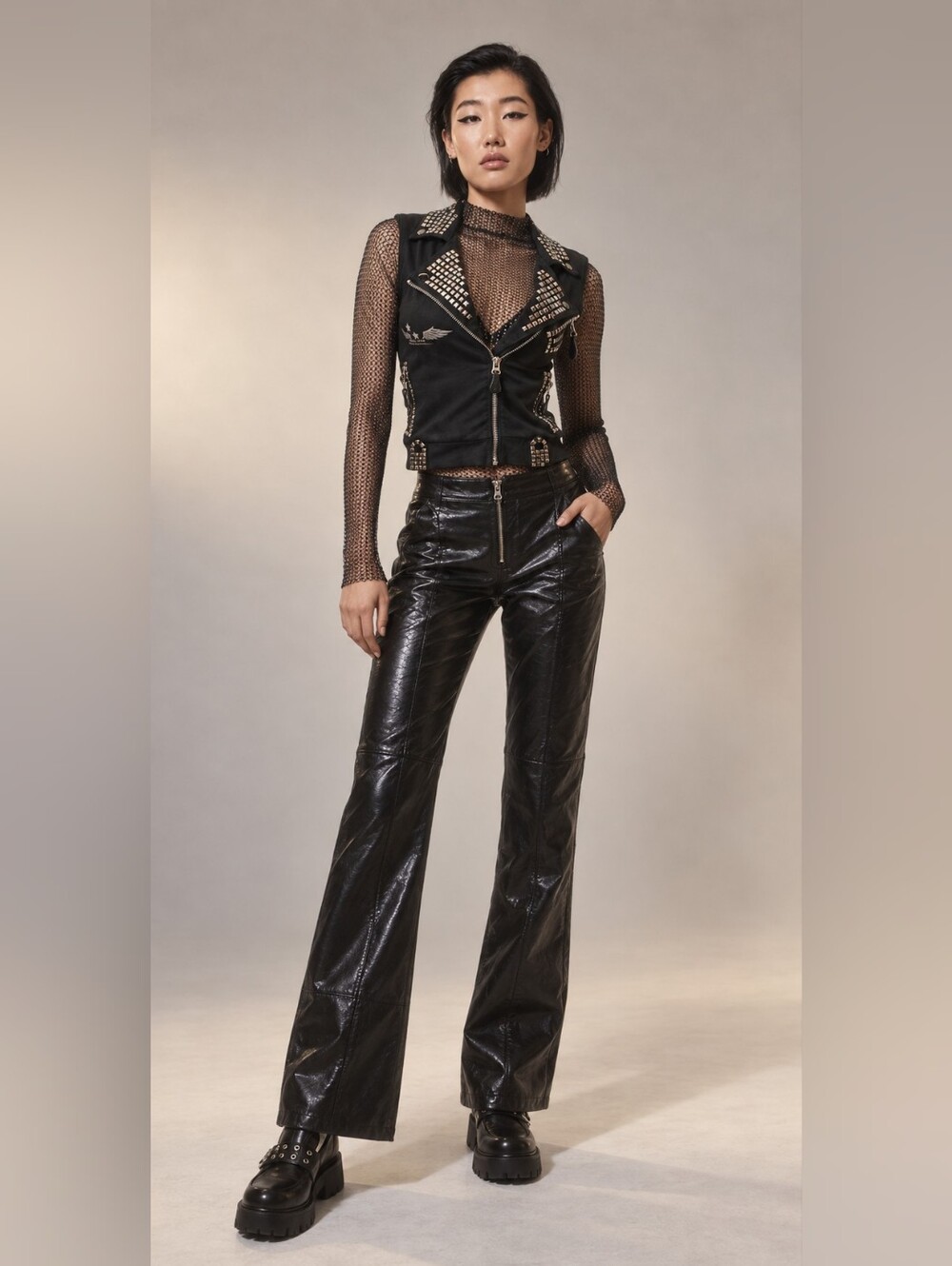 Robin Jeans Studded Black Cropped Moto Vest XS